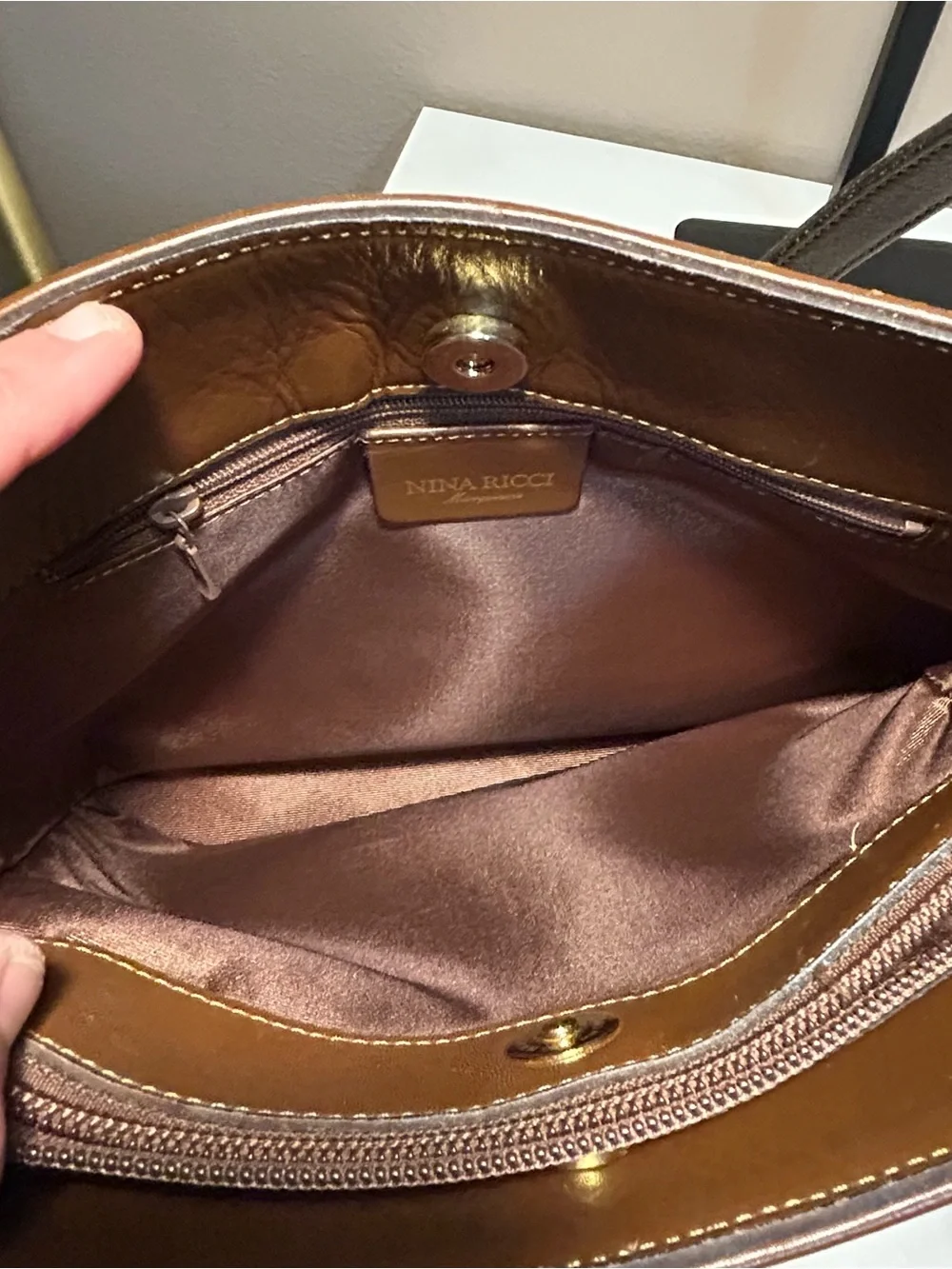 Nina Ricci Velvet Brown Tote Shoulder Bag Gold Hardware